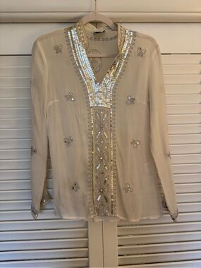 Juliette Longuet Embellished Cream V-Neck Women's Tunic with Sequin Trim